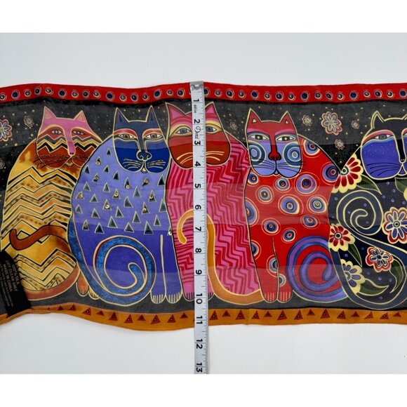 Laurel Burch "Feline Family Portrait" 100% Silk Scarf Vibrant Multicolor Cat Des - Picture 8 of 14